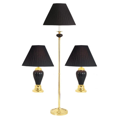 Set Of Three 64" Gold Ceramic Bedside Floor and Table Lamp Set With Black Empire Shade