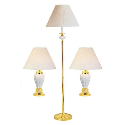 Set Of Three 64" Gold Ceramic Bedside Floor and Table Lamp Set With Black Empire Shade