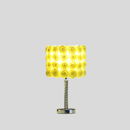18" Silver Bedside Table Lamp With Yellow Flowers Drum Shade