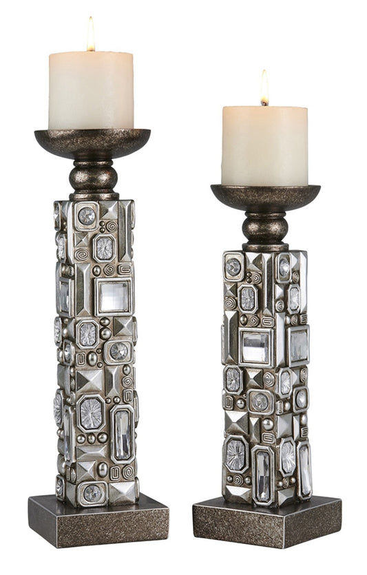 Set Of Two Silver Pillar Tabletop Pillar Candle Holder