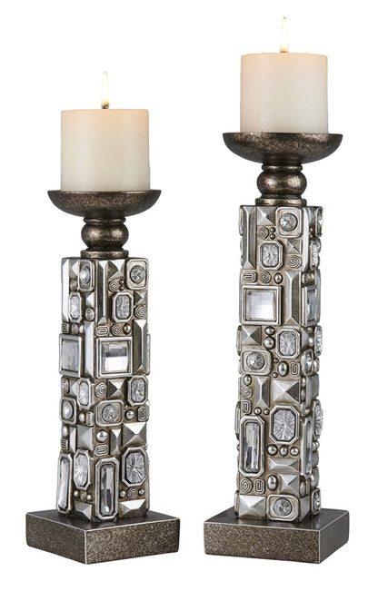 Set Of Two Silver Pillar Tabletop Pillar Candle Holder
