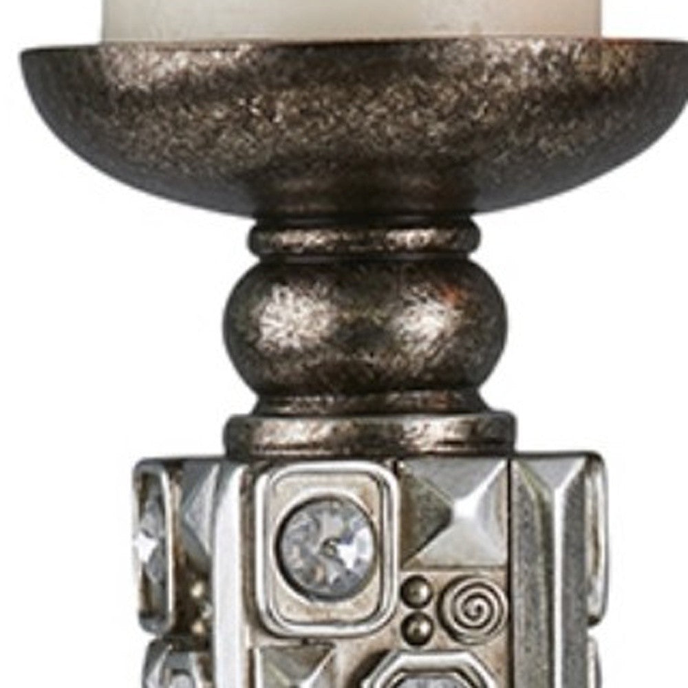Set Of Two Silver Pillar Tabletop Pillar Candle Holder
