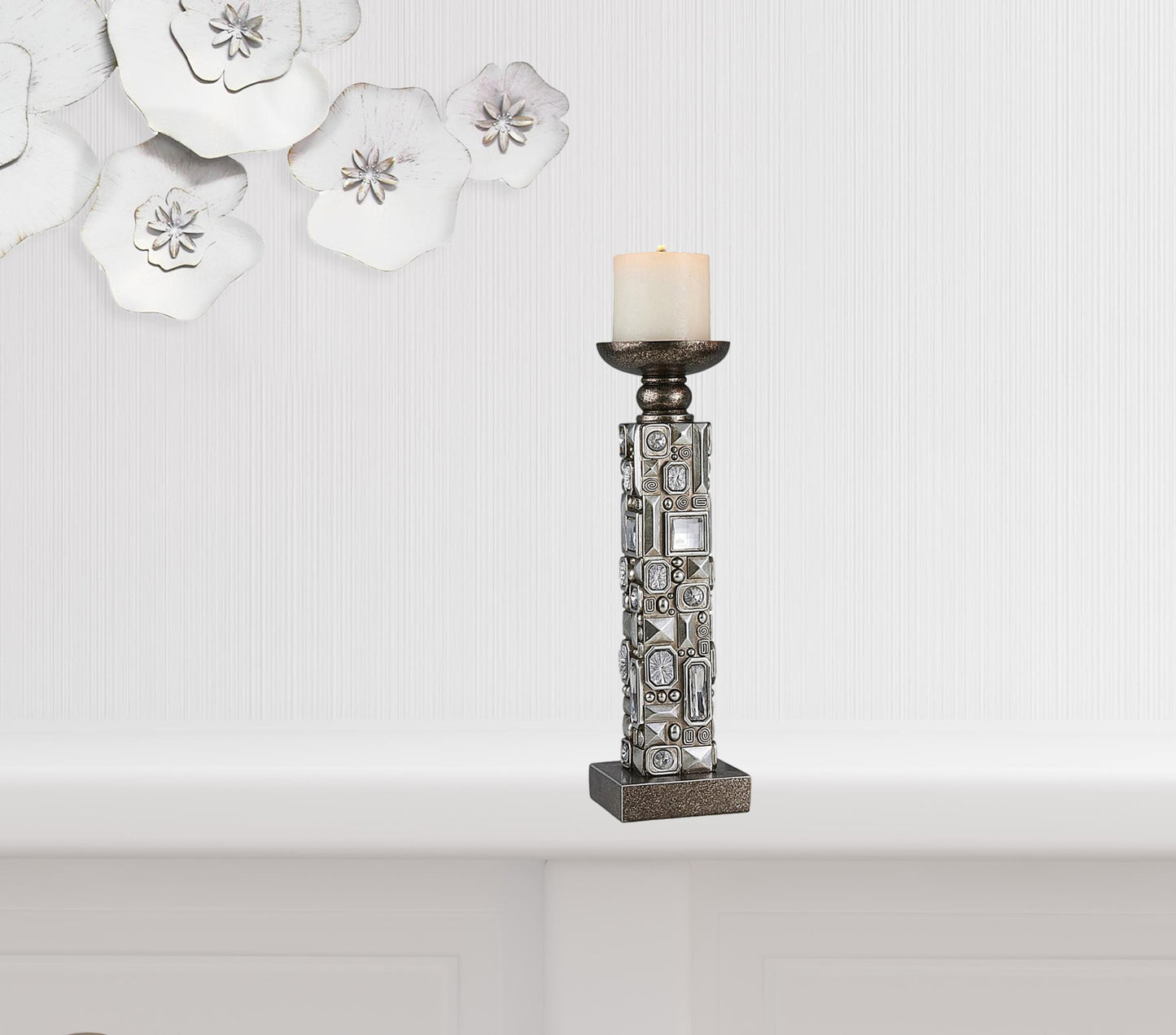 Set Of Two Silver Pillar Tabletop Pillar Candle Holder