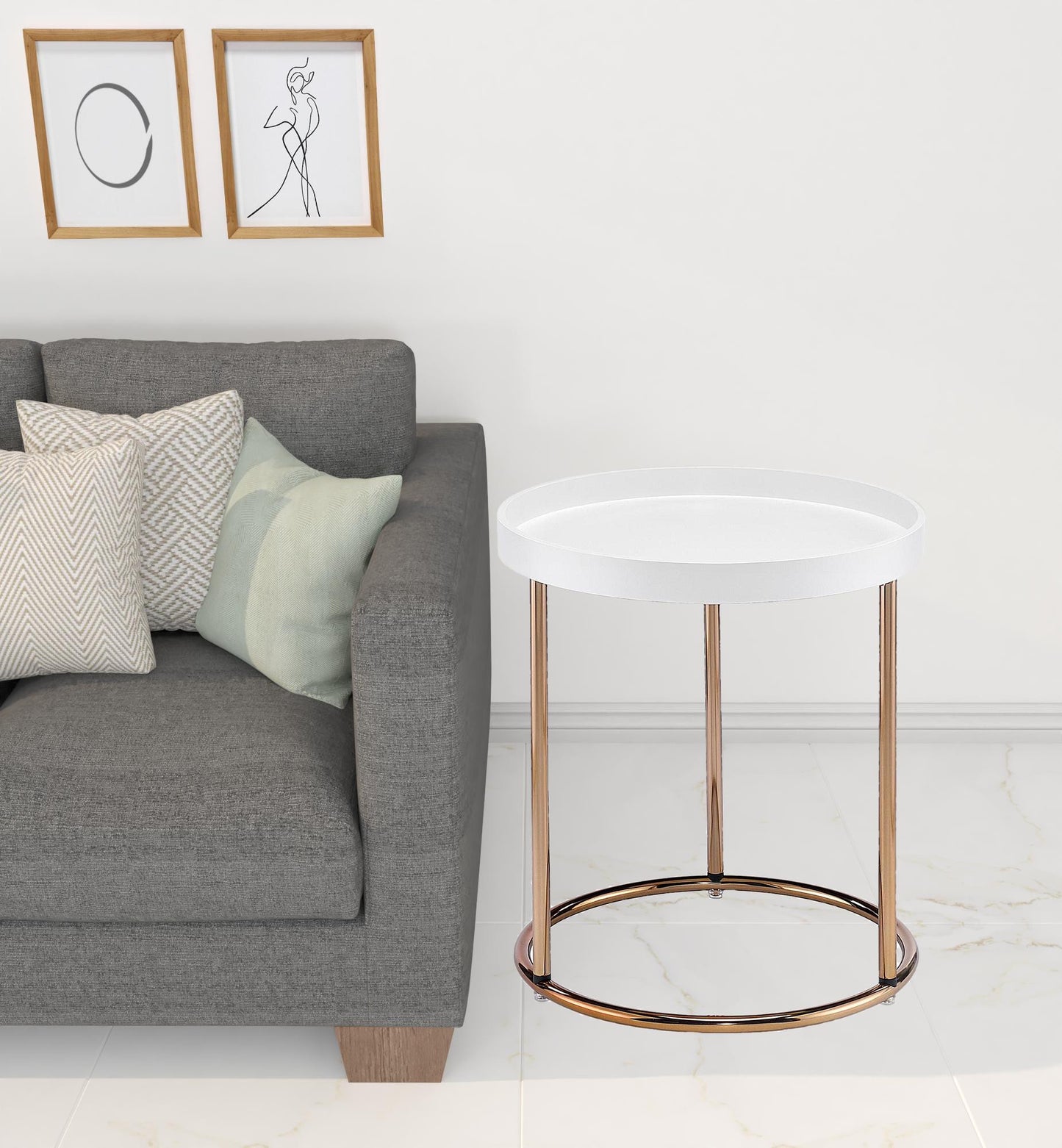 22" Copper And White Solid Wood And Steel Round End Table