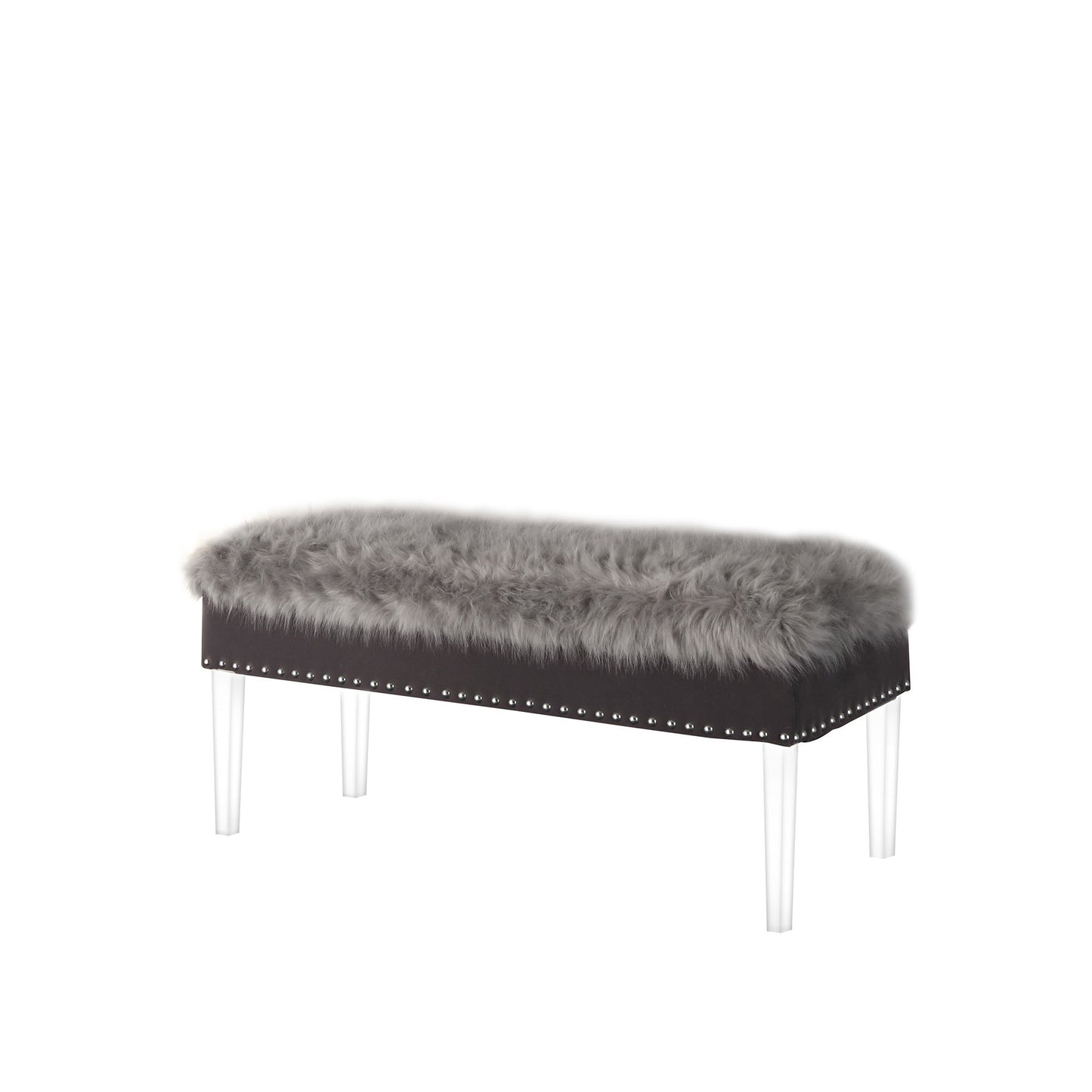 42" Gray and Clear Upholstered Faux Fur Bench with Flip top