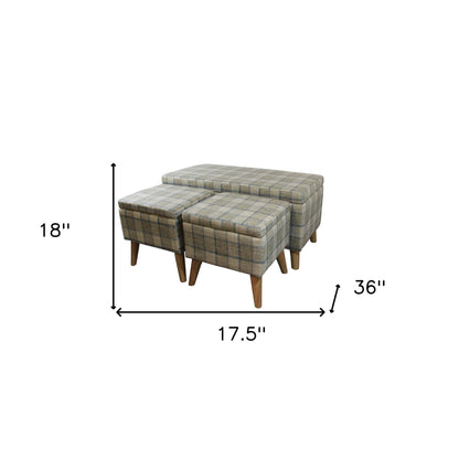 Taupe and Blue Plaid Storage Bench and Ottoman Three Piece Set