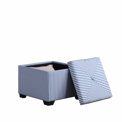 22" Blue And White Faux Leather And Black Tufted Striped Storage