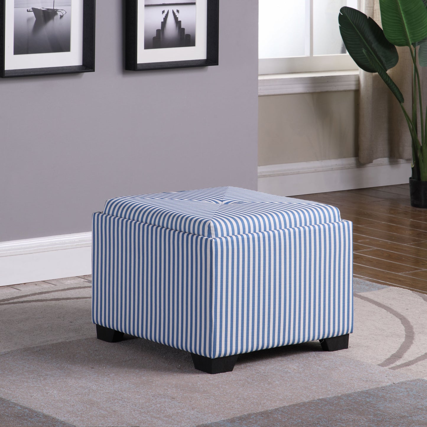22" Blue And White Faux Leather And Black Tufted Striped Storage