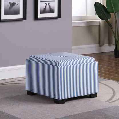 22" Blue And White Faux Leather And Black Tufted Striped Storage
