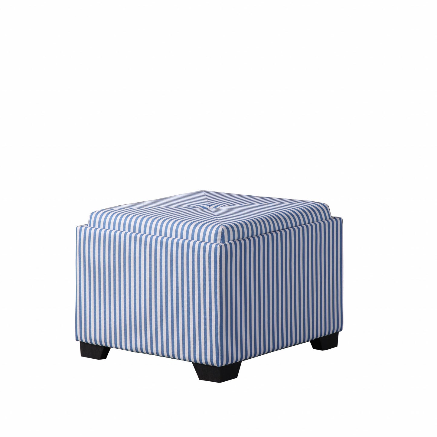 22" Blue And White Faux Leather And Black Tufted Striped Storage