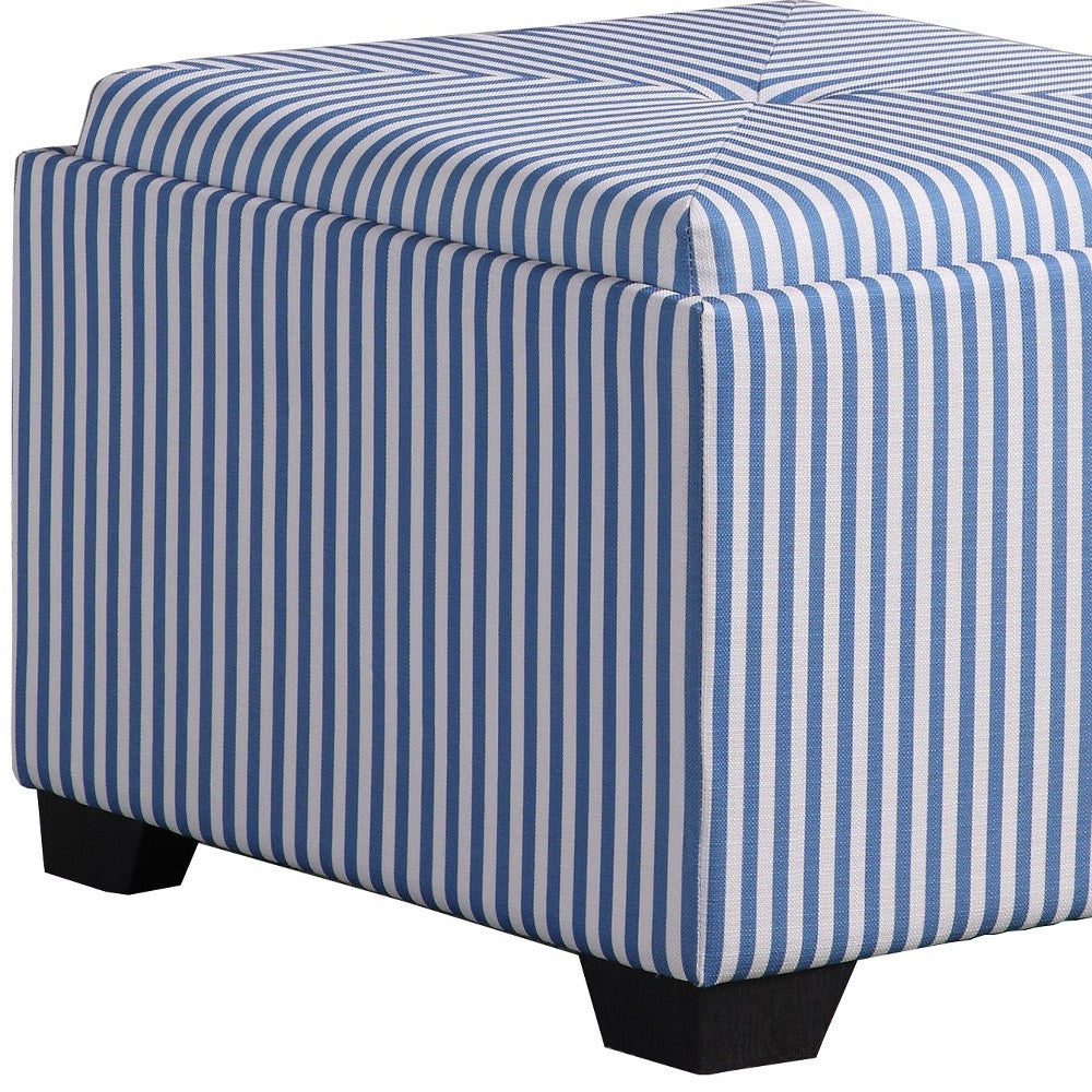 22" Blue And White Faux Leather And Black Tufted Striped Storage