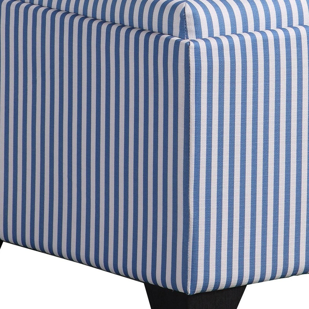 22" Blue And White Faux Leather And Black Tufted Striped Storage