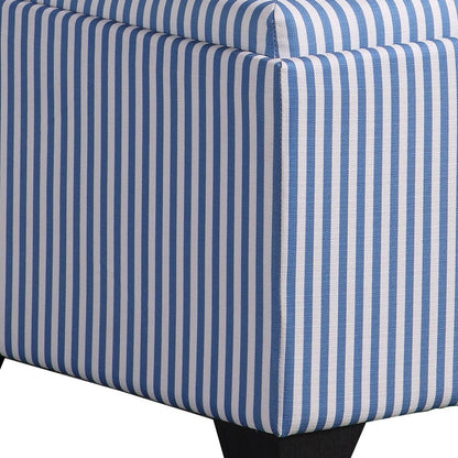 22" Blue And White Faux Leather And Black Tufted Striped Storage