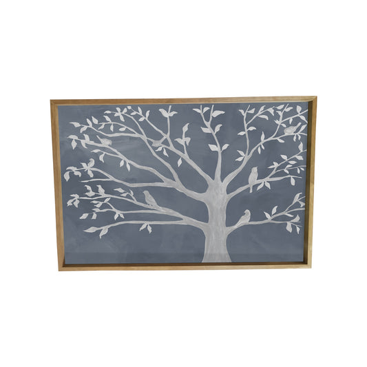 Pretty Gray and White Birds in Tree Framed Canvas Wall Art