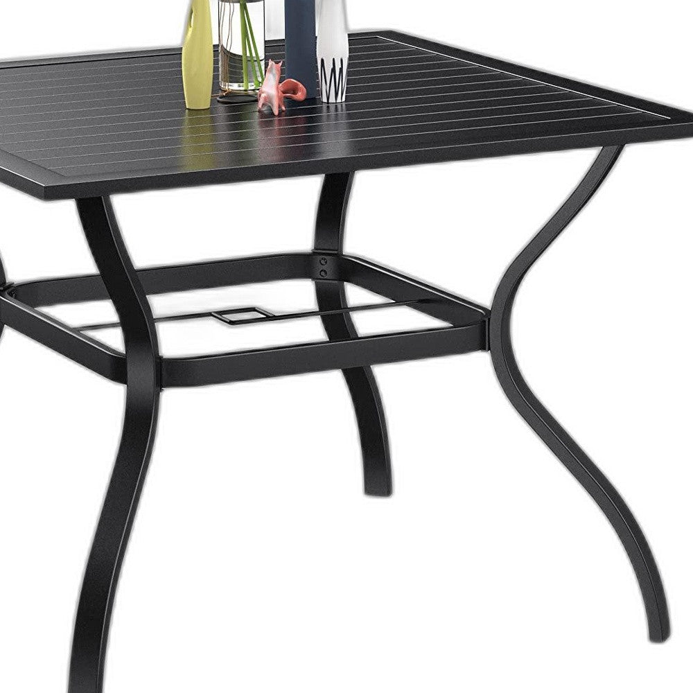 ?Black Square Metal Outdoor Dining Table With Umbrella Hole