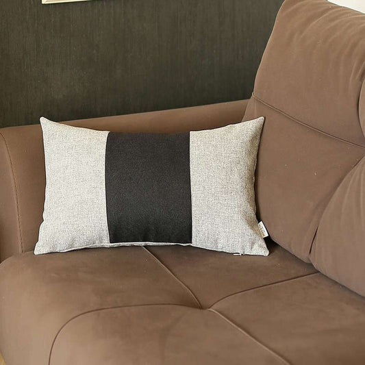 12" X 20" Black And Grey Geometric Zippered Handmade Polyester Lumbar Pillow Cover