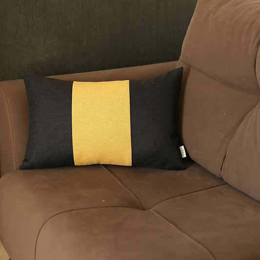 12" X 20" Black And Yellow Geometric Zippered Handmade Polyester Lumbar Pillow Cover