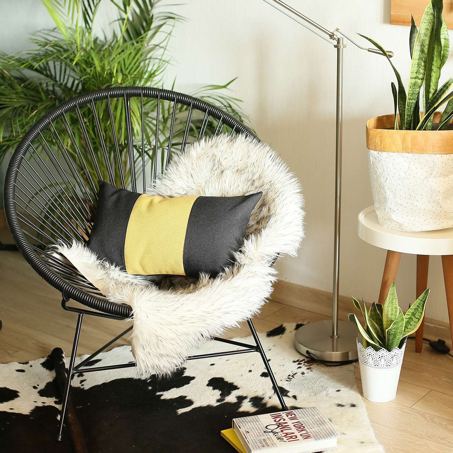 12" X 20" Black And Yellow Geometric Zippered Handmade Polyester Lumbar Pillow Cover