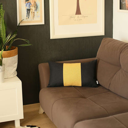 12" X 20" Black And Yellow Geometric Zippered Handmade Polyester Lumbar Pillow Cover
