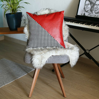 18" X 18" Black And Red Houndstooth Zippered Handmade Polyester Throw Pillow Cover