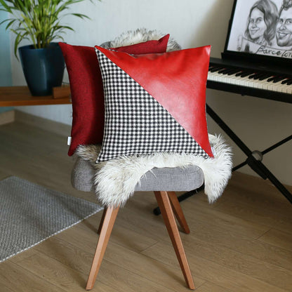 18" X 18" Black And Red Houndstooth Zippered Handmade Polyester Throw Pillow Cover