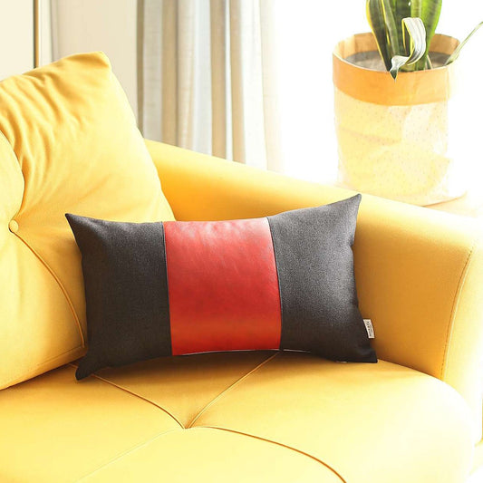 12" X 20" Black And Red Geometric Zippered Handmade Polyester Lumbar Pillow Cover