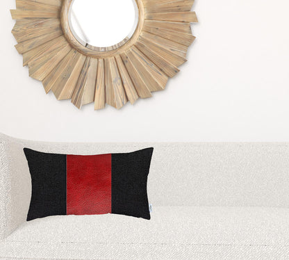 12" X 20" Black And Red Geometric Zippered Handmade Polyester Lumbar Pillow Cover