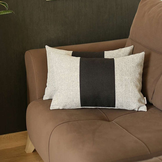Set Of Two 20" X 12" Grey And Black Geometric Zippered Handmade Polyester Lumbar Pillow