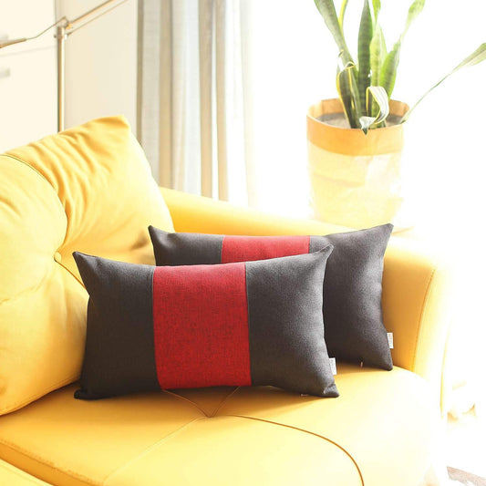 Set Of Two 20" X 12" Black And Red Geometric Zippered Handmade Polyester Lumbar Pillow