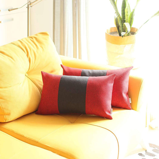 Set Of Two 20" X 12" Black And Red Geometric Zippered Handmade Polyester Lumbar Pillow
