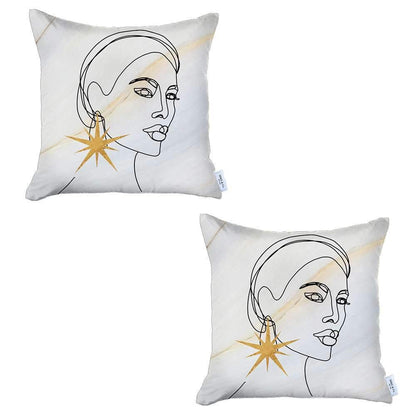 Set Of Two 18" X 18" White Black And Gold Abstract Zippered Handmade Polyester Throw Pillow
