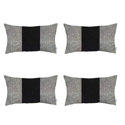 Set Of Four 20" X 12" Grey And Black Geometric Zippered Handmade Polyester Lumbar Pillow