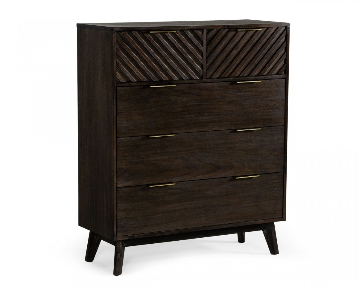 39" Dark Acacia Solid Wood Five Drawer Dresser