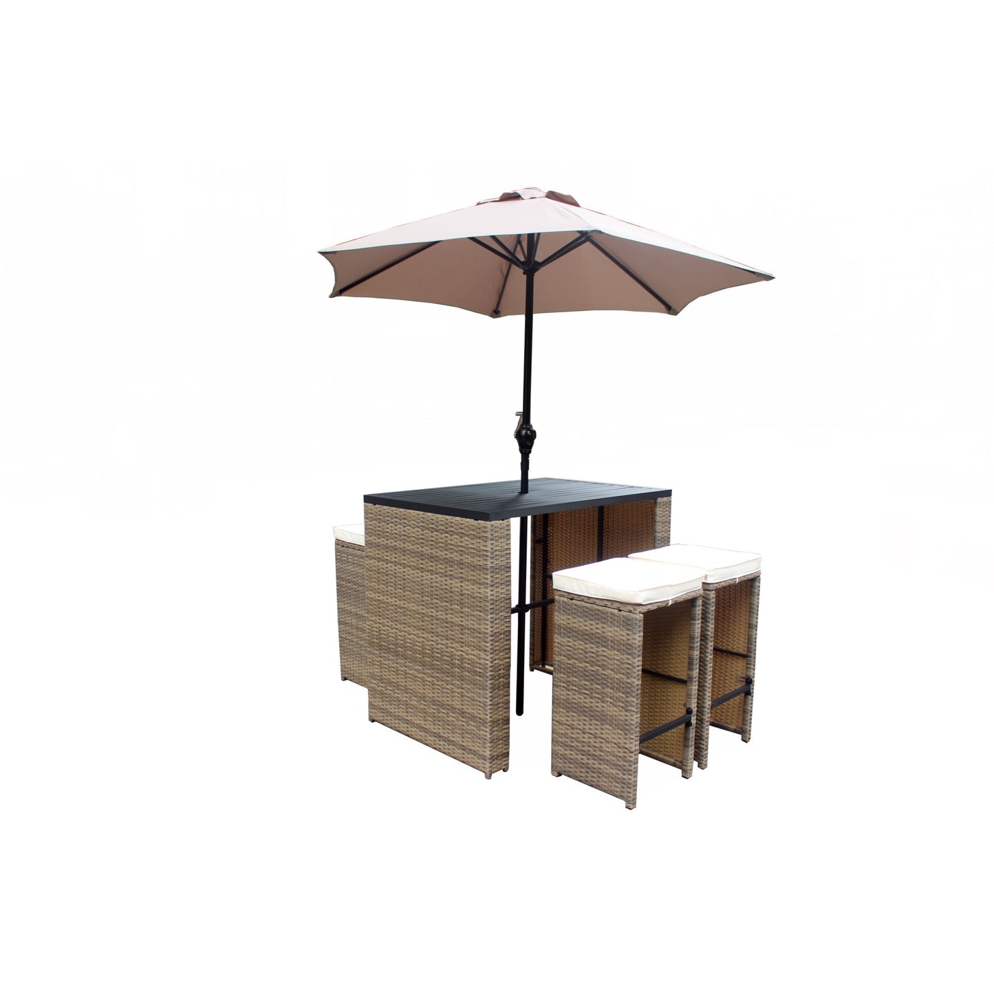 Six Piece Brown and Tan Faux Wicker Outdoor Bar Height Table Set with Umbrella and Stools