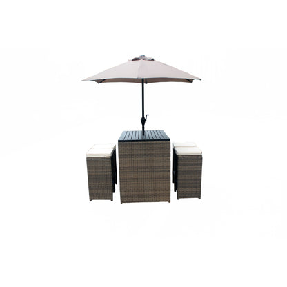 Six Piece Brown and Tan Faux Wicker Outdoor Bar Height Table Set with Umbrella and Stools