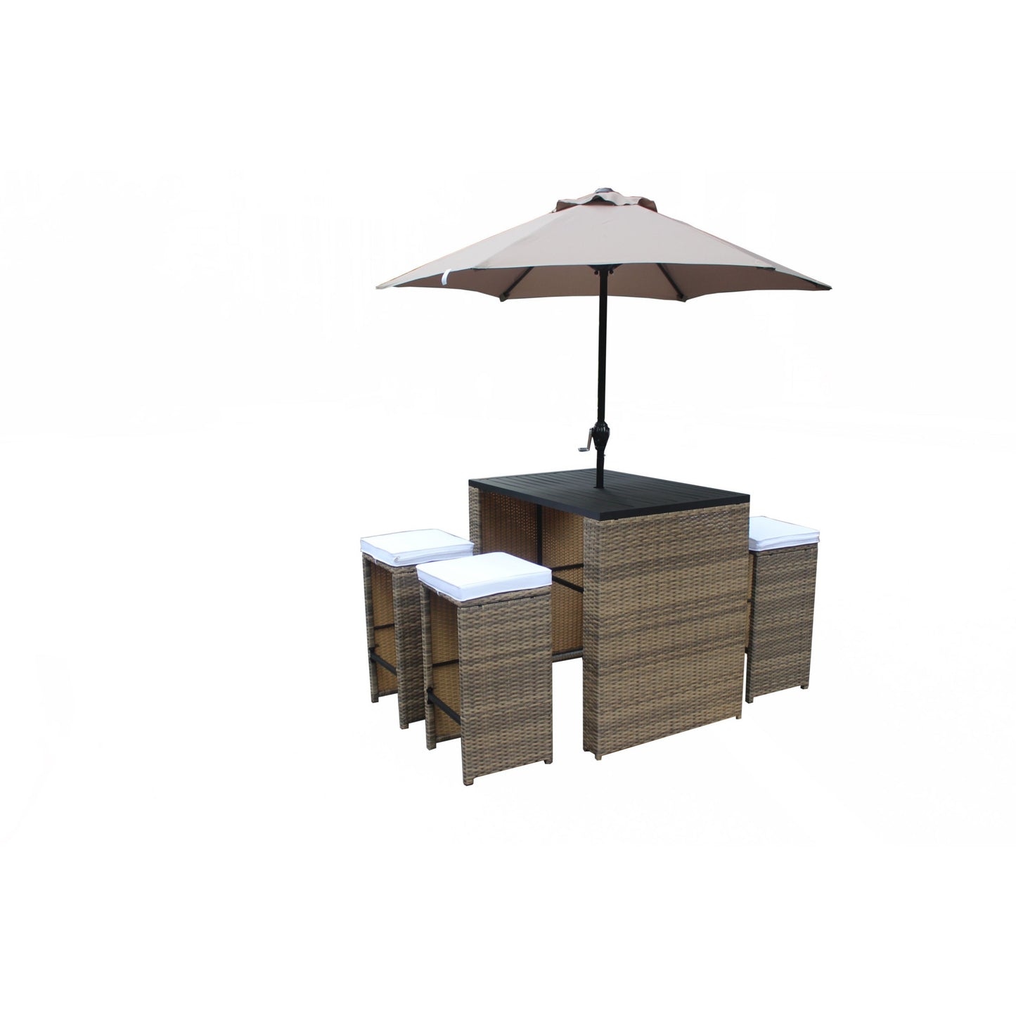 Six Piece Brown and White Faux Wicker Outdoor Bar Height Table Set with Umbrella and Stools