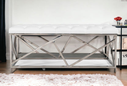 48" White and Silver Upholstered Faux Leather Bench