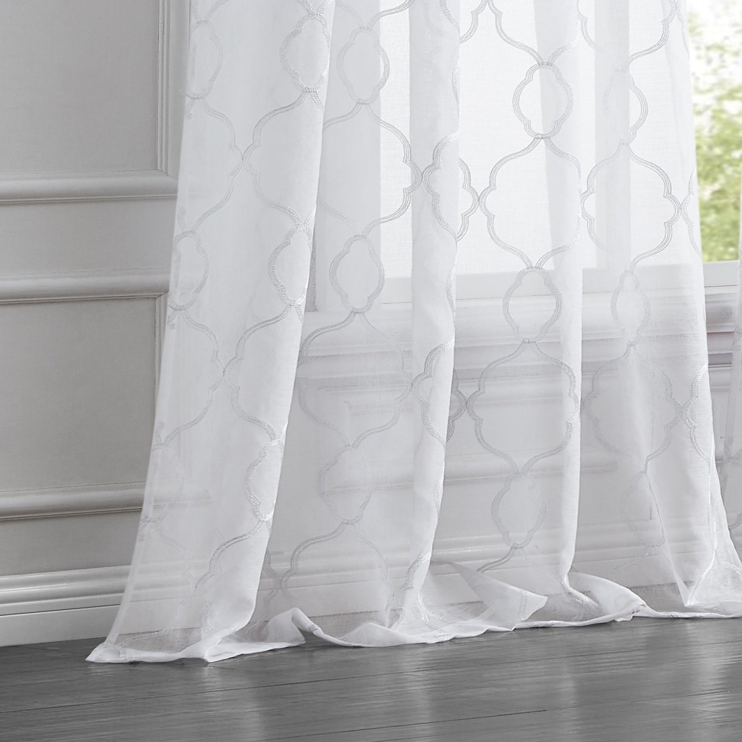 84” White Trellis Pattern Embroidered Window Curtain Panel