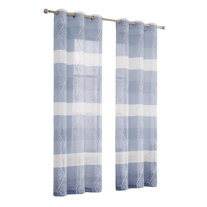 Set of Two 96"  Blue Striped Floral Embroidery Window Panels