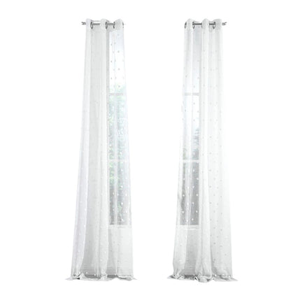 Set of Two 84" White Round Puff Window Curtain Panels