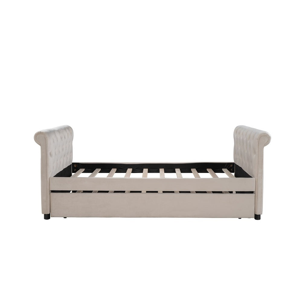 Twin Tufted Beige Upholstered Polyester Blend Bed With Trundle