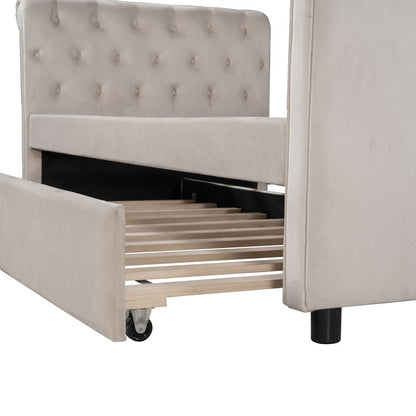 Twin Tufted Beige Upholstered Polyester Blend Bed With Trundle
