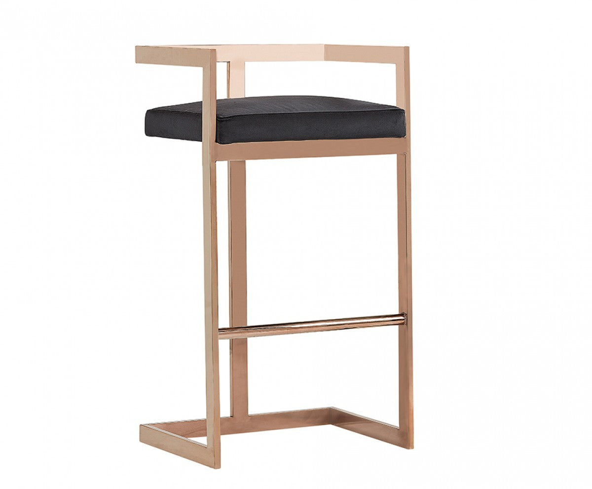 35" Black Velvet And Rosegold Low Back Bar Height Chair With Footrest