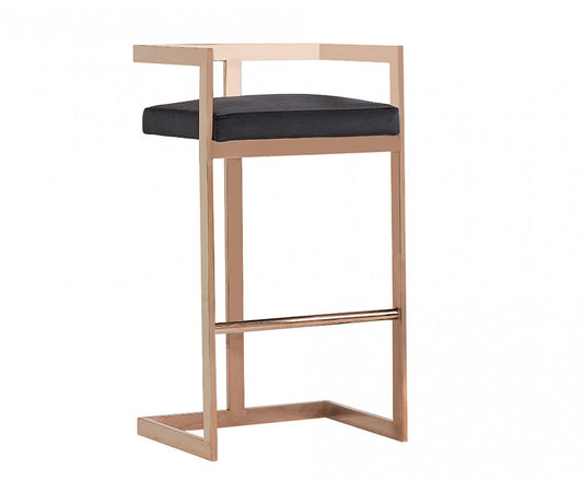 35" Black Velvet And Rosegold Low Back Bar Height Chair With Footrest
