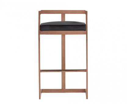 35" Black Velvet And Rosegold Low Back Bar Height Chair With Footrest