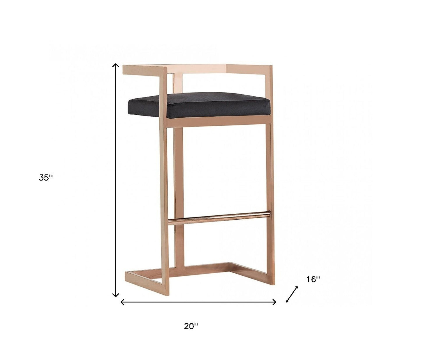 35" Black Velvet And Rosegold Low Back Bar Height Chair With Footrest