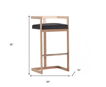 35" Black Velvet And Rosegold Low Back Bar Height Chair With Footrest