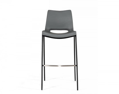 Set Of Two 42" Grey Faux Leather And Stainless Steel Bar Height Chairs With Footrest