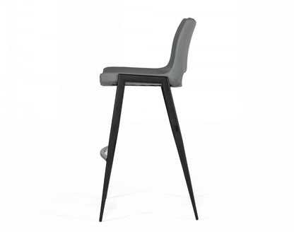 Set Of Two 42" Grey Faux Leather And Stainless Steel Bar Height Chairs With Footrest