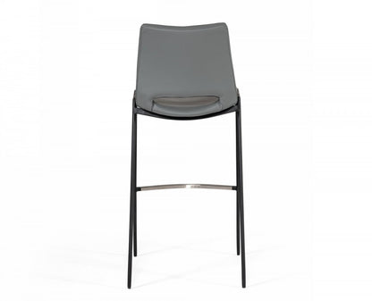 Set Of Two 42" Grey Faux Leather And Stainless Steel Bar Height Chairs With Footrest